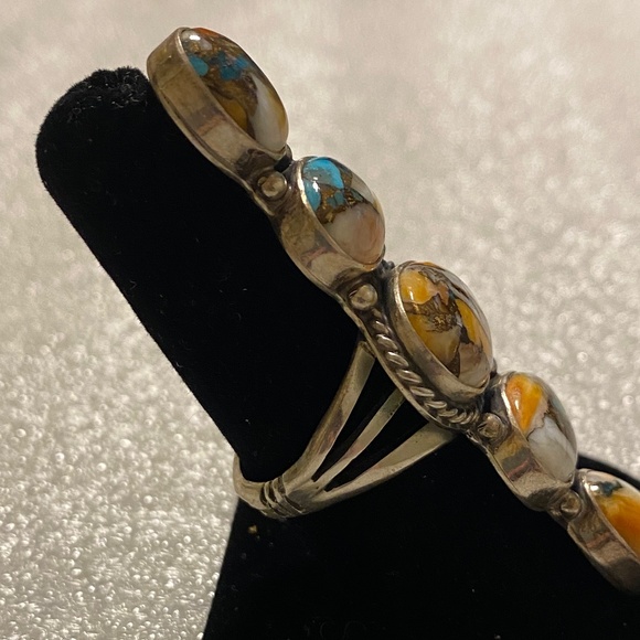 Dramatic 5 Stone Sterling Ring - Orange Spiny - Kingman - Size 9 - Picture 2 of 15